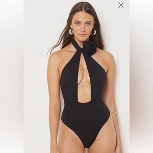 Etam Floral Detail Bodysuit Black Womens in size small
